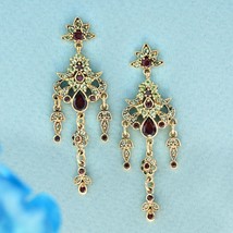 Natural Garnet and Peridot Vintage Style Chandelier Earrings in Solid 9K Gold - £879.12 GBP