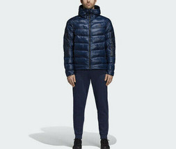 New NWT Mens Adidas Puffer Jacket Coat Dark Blue Logo XL Hood Media Pock... - £234.65 GBP