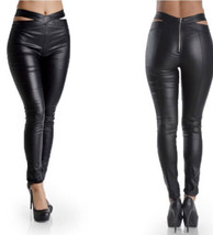Sheeny Metallic Black Cross Front Cut Out High Waist Pants Leggings Size... - $17.91