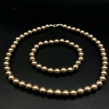 Cultured Golden Shell Pearl 8x8 mm Beads Stretch Necklace &amp; Bracelet Set - £15.86 GBP