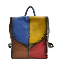  Cowhide Colorblock Women&#39;s Bag Retro Hand-Rub Color Women&#39;s Bag Leather Backpac - £90.07 GBP