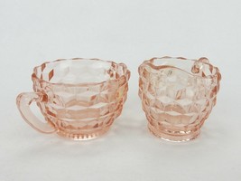 Pink Depression Glass Creamer &amp; Sugar, Jeannette Design, Cubed Pink Glass - £15.31 GBP