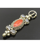 925 Silver - Vintage Inlaid Coral &amp; Onyx Beaded Rope Twist Drop Pendant-... - $831.08 MXN