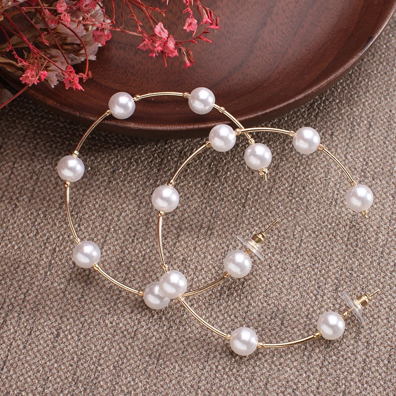 Simple Plain Gold Color Metal Pearl Hoop Earrings Fashion Big Circle Hoops State - $14.63