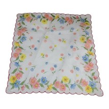 VTG Pink Yellow Daisy Bouquet Boho Mod Floral Handkerchief Scalloped Edges 12”  - £18.64 GBP