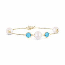 ANGARA Japanese Akoya Pearl and Swiss Blue Topaz Bracelet in 14K Solid Gold - £541.78 GBP