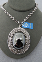Whiting Davis New Old Stock Necklace Pendant Silver Tone Oval Black Ston... - $39.00