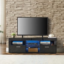 Modern TV Stand with LED Lights, High Glossy Front TV - Black - $154.55