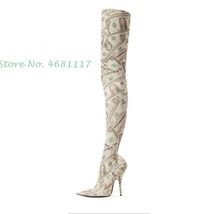 Print Over Knee Stretch Boots Women Dollar Pattern Stiletto High Heels Pointed T - £151.99 GBP