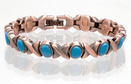 New Copper Magnetic Turquoise Link Bracelet Womens STYLE#TQ-XO Jewelry Health - £9.80 GBP