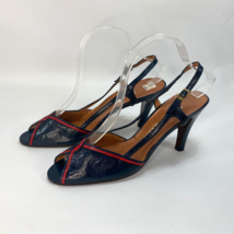 Vtg Women Evan-Picone Leather Heels 9N Made In Spain Navy Blue Red Trim Open Toe - £37.39 GBP