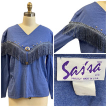 Retro 80s Sas&#39;sa Blue Fringe Western Top Silver Detail Southwest Womens ... - $48.51