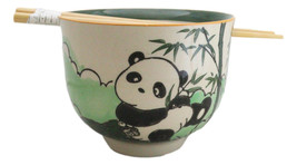 Bamboo Forest Green Panda Bear Ceramic Donburi Ramen Bowl With Chopstick... - $18.99