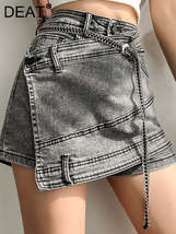 DEAT Fashion Women&#39;s Denim Skirt New High Waist Irregular Chain Spliced Gray Abo - £39.46 GBP+