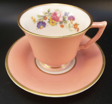 Old Ivory Syracuse Demitasse Tea Cup Saucer Bone China USA Peach Flowers - £11.87 GBP