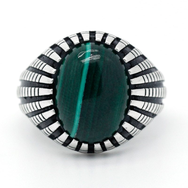 Real Pure 925 Sterling Silver Male Ring Green Natural Malachite Stone Punk Style - £45.08 GBP