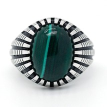 Real Pure 925 Sterling Silver Male Ring Green Natural Malachite Stone Punk Style - £45.18 GBP