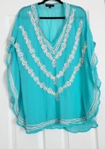 Spiaggia Dolce M Swimsuit Cover Blouse Topper Turquoise White Sequin Lace - £11.64 GBP