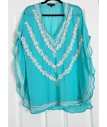 Spiaggia Dolce M Swimsuit Cover Blouse Topper Turquoise White Sequin Lace - £11.72 GBP