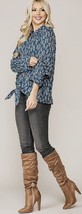 New GIGIO by UMGEE S L Indigo Blue Leaf Print Button Down Front Tie Tunic Top - £19.94 GBP