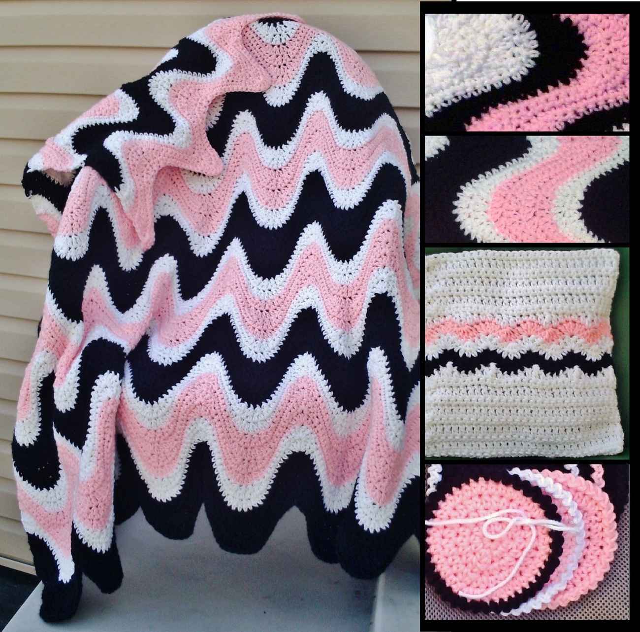 3 Color Exaggerated Ripple Afghan, Pillow & Coasters Crochet Pattern B PDF File - $6.00