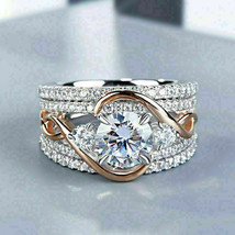 3CT Round Cut CZ Engagement Wedding Bridal Two Tone Ring Set 925 Sterling Silver - £82.34 GBP