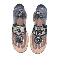 JACK ROGERS Classic HAMPTONS Thong Sandal Snakeskin Size 7 Black White W... - $23.74