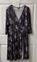 Torrid Faux Wrap Kneel Length Dress Womens Plus Size 1x Black Pink Floral - £25.65 GBP