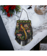 Large Glass Beaded Pheasant Bird Pictoral Floral Seed Bead Mesh Bag Frin... - $261.79