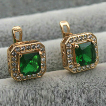 1.50Ct Princess Cut Emerald &amp; Diamond 14K Yellow Gold Over Halo Hoop Earrings - £70.46 GBP