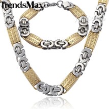 Trendsmax JEWELRY SET 11mm Mens Chain Boys Gold Tone Flat Byzantine Link Stainle - £30.53 GBP