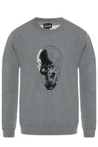 Just Cavalli Men Large Skull Graphic Print Crew Neck Gray Pullover Sweatshirt  - £79.67 GBP