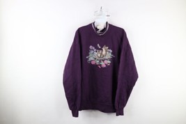 Vintage 90s Country Primitive Womens XL Faded Cat Kitten Flower Sweatshirt USA - £47.44 GBP