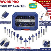 WORKPRO 15PC 1/4" Shank Router Bits Set Tungsten CARBIDE TIPPED ROUTER BIT w/Box - £40.05 GBP
