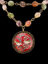 Vintage Semi precious hippie necklace / amethyst rose quartz - Enamel love bird  - £98.85 GBP
