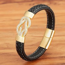 Punk Style Crystal Stainless Steel Braid Leather Bracelets Magnetic Clasp Bangle - £17.05 GBP