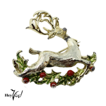 Vintage Signed Gerry&#39;s Stag Reindeer Pin Brooch w Christmas Holly 1.5&quot; - Hey Viv - £14.10 GBP