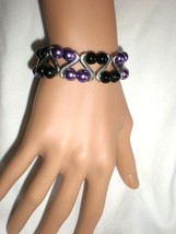 New !!!   Stretch Purple &amp; Black Heart  Faux Pearls  Bracelet 2 Rows - £3.98 GBP