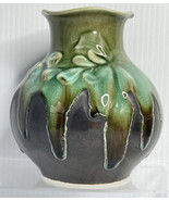 Hand Crafted Green Brown Drip Glaze Pottery Vase Floral Vietnam - £6.19 GBP
