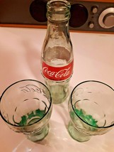 Coca Cola 5 oz Mini 4 3/8" High Green  Glasses Set of 2 with bottle - £15.50 GBP