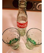 Coca Cola 5 oz Mini 4 3/8&quot; High Green  Glasses Set of 2 with bottle - £15.50 GBP
