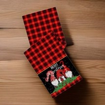 Merry Christmas Gnomes Table Runner 13&quot;x108&quot; Red Black Check Buffalo Plaid Hats - $9.89