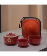 Red Money Ceramic Cat Teapot / 2 Matching Cup Set with Case - Travel Pack - $40.96 CAD
