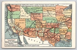 US Map Along The Santa Fe Railroad Line Map With Fred Harvey Hotels Postcard W27 - £7.82 GBP