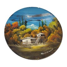 Vintage Landscape Cabin in Mountains Oil Painting on Copper Bowl 12&quot; Signed  - $60.75