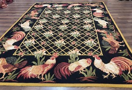 Black Needlepoint Rug 8x10, Roosters Floral Unique Needlepoint Carpet - £2,444.58 GBP