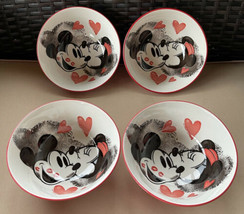 4 Disney Minnie &amp; Mickey in Love Kisses Ceramic Soup Cereal Bowls Hearts... - £39.81 GBP