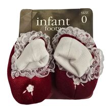Infant Footwear Baby Booties Shoes Red Velvet Lace Trim Size 0 Newborn VTG - $19.80