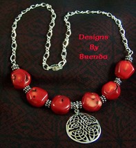Bamboo Coral &amp; Sterling Silver Celtic Necklace and Earrings - $122.00
