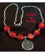Bamboo Coral &amp; Sterling Silver Celtic Necklace and Earrings - £97.52 GBP